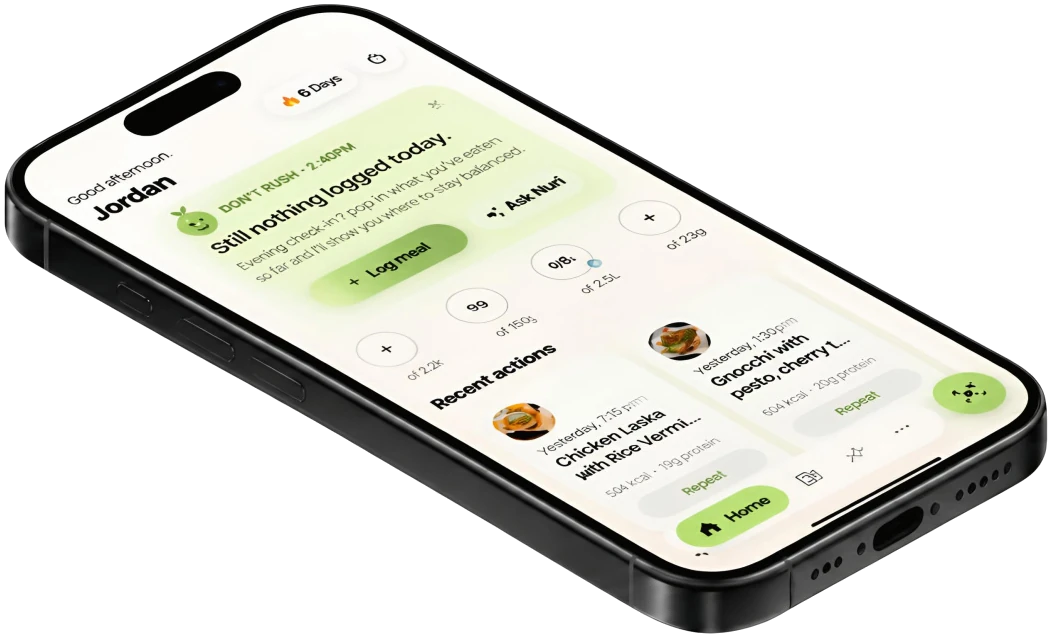 The Nureo home screen on an iPhone, showing the day's targets and recently scanned meals